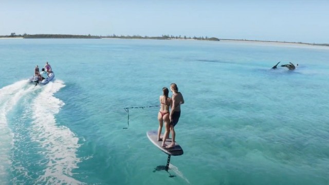 Tandem foiling at Pablo Escobar's Plane: Norman's Cay, Bahamas