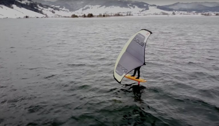 Wing foiling in the snow, Agerisee, Switzerland