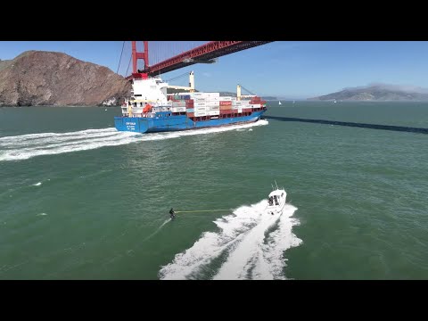 Foil Surfing a Cargo Ship Wave under the Golden Gate Bridge